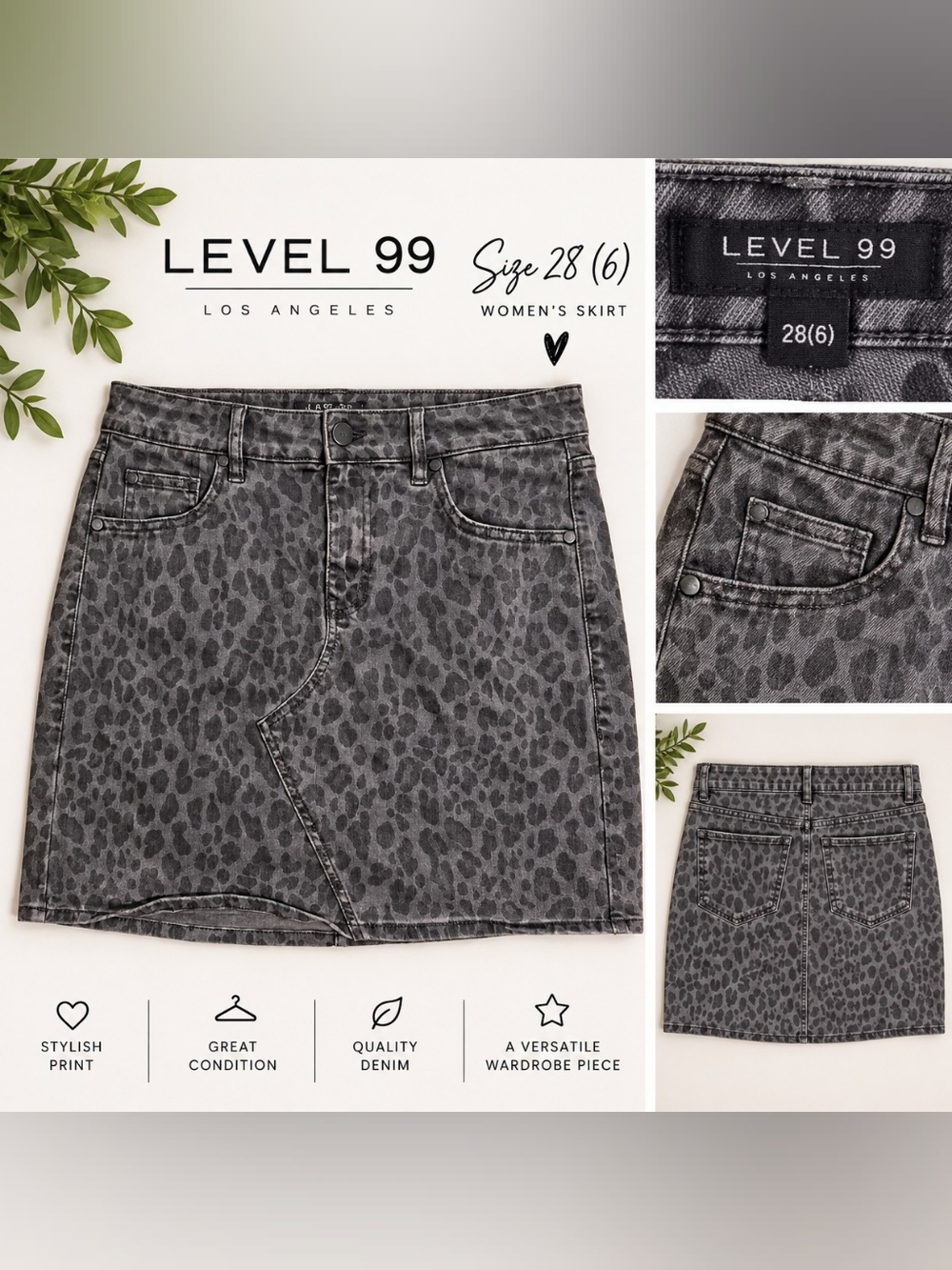Level 99 Leopard Denim Skirt